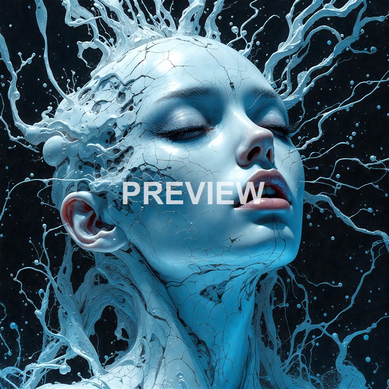 A surreal digital artwork depicting a female face with closed eyes, surrounded by and seemingly merging with flowing, cracked, and splattered blue and white liquid-like textures.